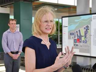 Queensland Health Steven Miles and Queensland Chief Health Officer Dr Jeannette Young speak at a press conference at the Mackay Base Hospital. Picture: Tony Martin