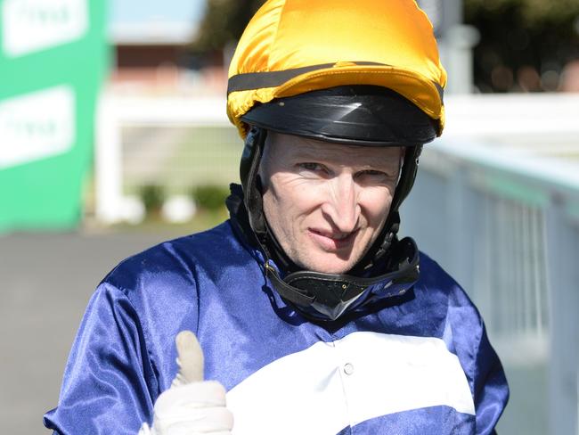 Craig Newitt after winning the R&C Asphalt & Paving Fillies and Mares Maiden Plate at Cranbourne Racecourse on August 15, 2021 in Cranbourne, Australia. (Ross Holburt/Racing Photos via Getty Images)