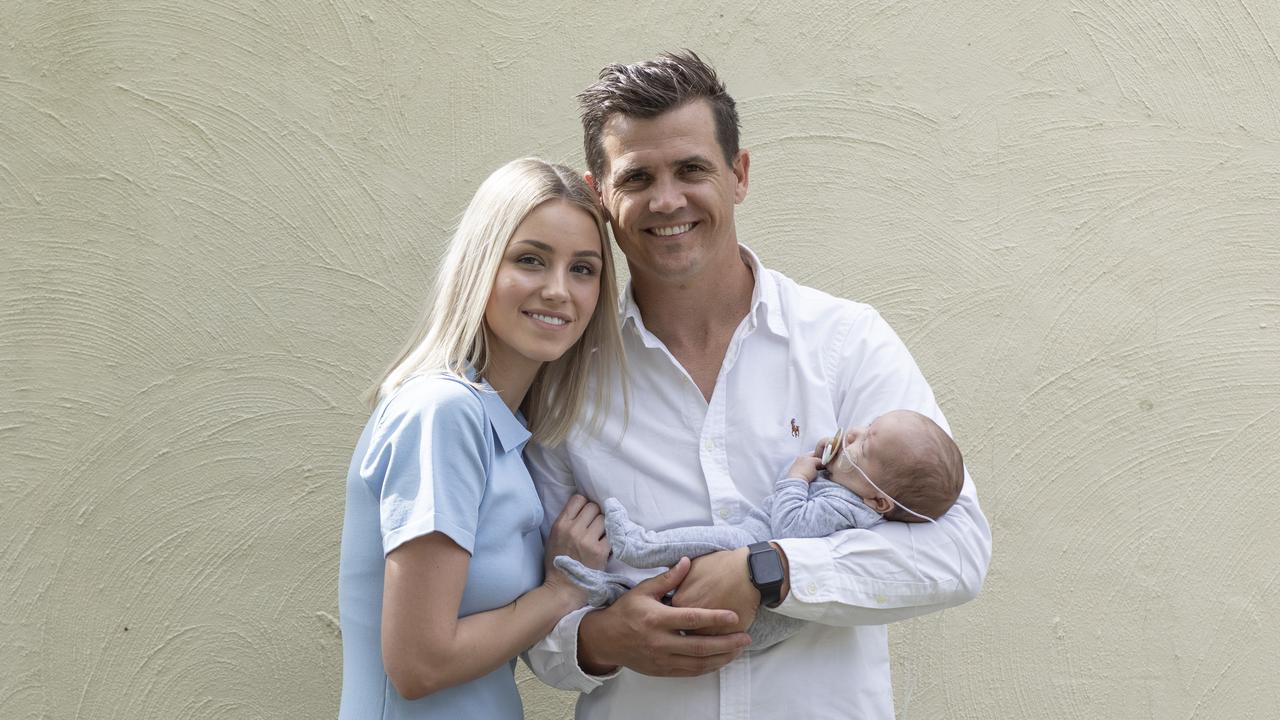 Amber Ward and Jed Adcock and their baby Hugo Thomas. Picture: Mark Cranitch.