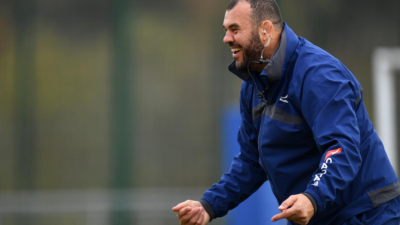 Michael Cheika reacts during a training session at Llanwern High School.
