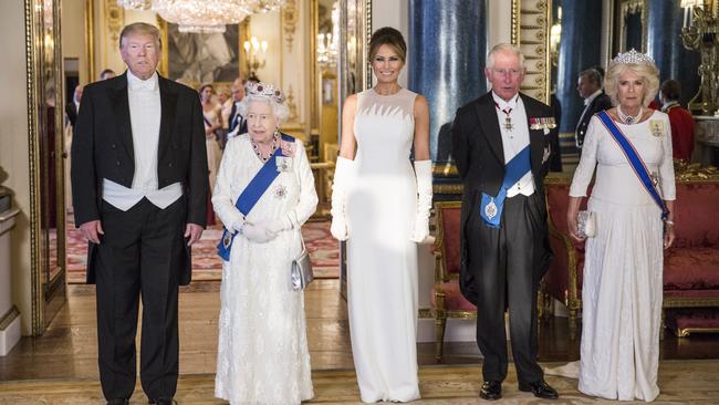 US President Donald Trump, Queen Elizabeth II, First Lady Melania Trump, Prince Charles Prince of Wales and Camilla Duchess of Cornwall. Picture: Jeff Gilbert/Getty Images