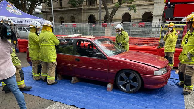 Emergency Services dismantle a hoon car. Picture: Steve Pohlner.