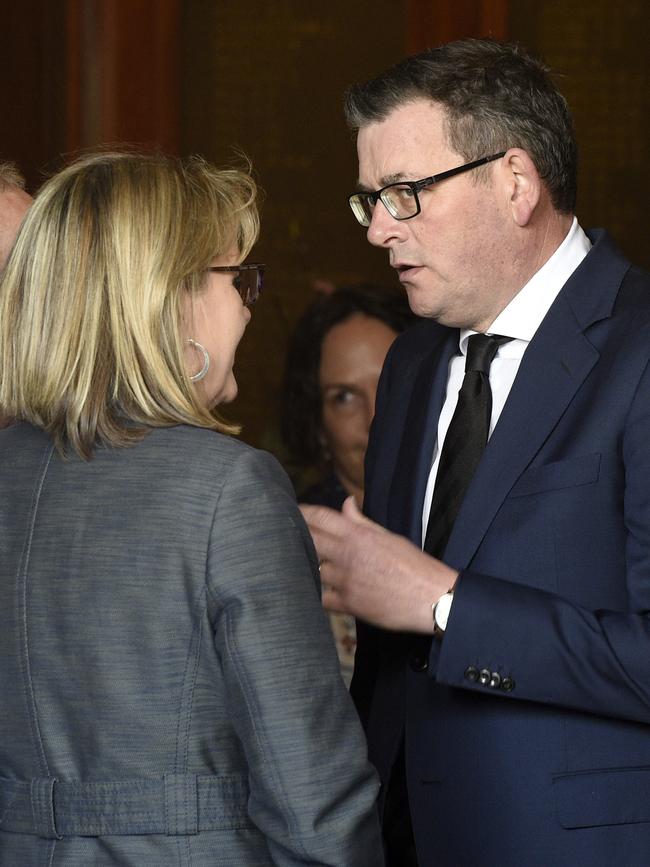 Victorian Premier Daniel Andrews and Deputy Premier Jacinta Allen at the state memorial service for former Victorian MP Jane Garrett at the Brunswick Town Hall. Picture: NCA NewsWire / Andrew Henshaw