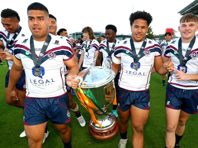 National Schoolboys Cup rugby league grand final between Ipswich SHS (white shirt) and Patrician Brothers Fairfield. Ipswich captain Look Tonga (right) - Redcliffe 14th September 2022 Picture David Clark