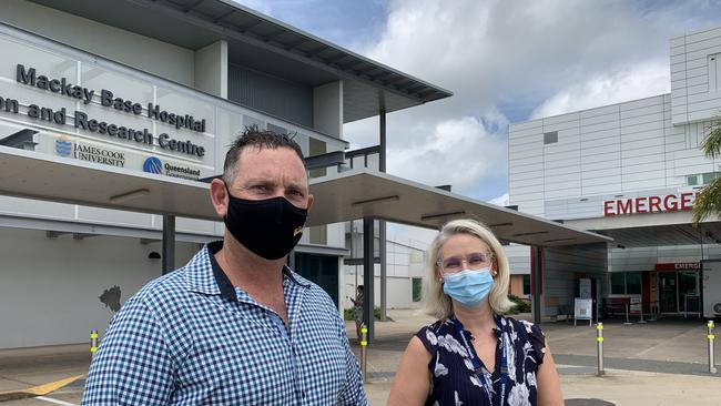 Labor's Dawson candidate Shane Hamilton stands with Dr Elissa Hatherly outside Mackay Base Hospital. Mr Hamilton has called the Greens ‘irrelevant’ and said in the event of a hung parliament, Labor would look to pass legislation with independents rather than ally with the Greens.