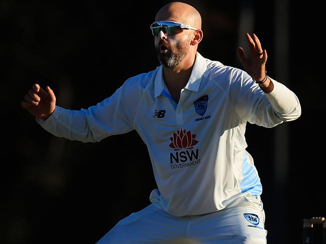 SYDNEY, AUSTRALIA - OCTOBER 10: Nathan Lyon of the Blues celebrates bowling out Conor McInerney of South Australia LBW during the Sheffield Shield match between New South Wales and South Australia at Cricket Central, on October 10, 2024, in Sydney, Australia. (Photo by Mark Evans/Getty Images)