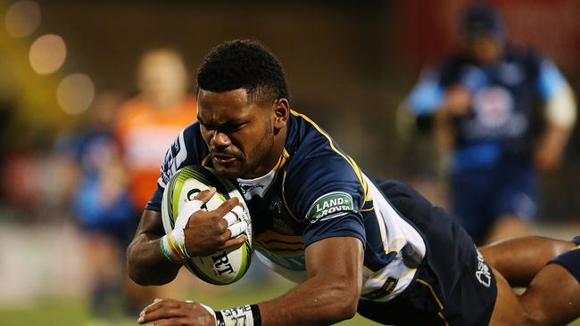 Henry Speight of the Brumbies scores a try at GIO Stadium.