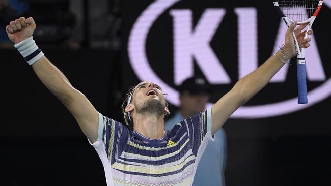 Austria’s Dominic Thiem celebrates after defeating Spain’s Rafael Nadal in their quarter-final match on Wednesday night. Picture: AP