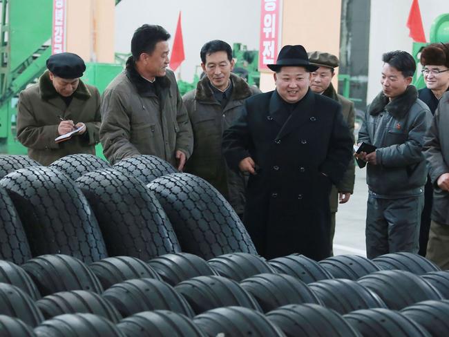 North Korean leader Kim Jong-un visiting the Amnokgang Tire Factory in Chagang province. Picture: AFP