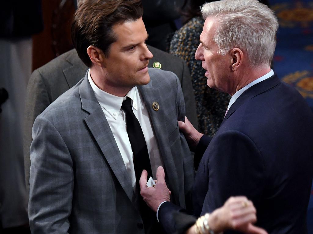 Matt Gaetz and Kevin McCarthy during the chaotic battle for the speakership in January. Picture: Olivier Douliery/AFP