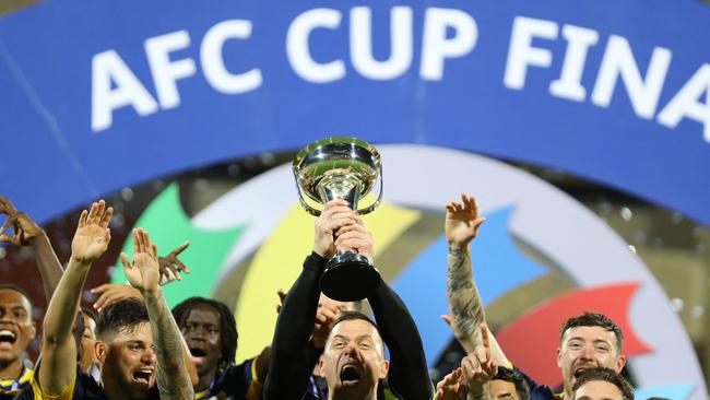 Central Coast Mariners players celebrate after winning the AFC Cup final. Picture: Haitham Al-Shukairi / AFP