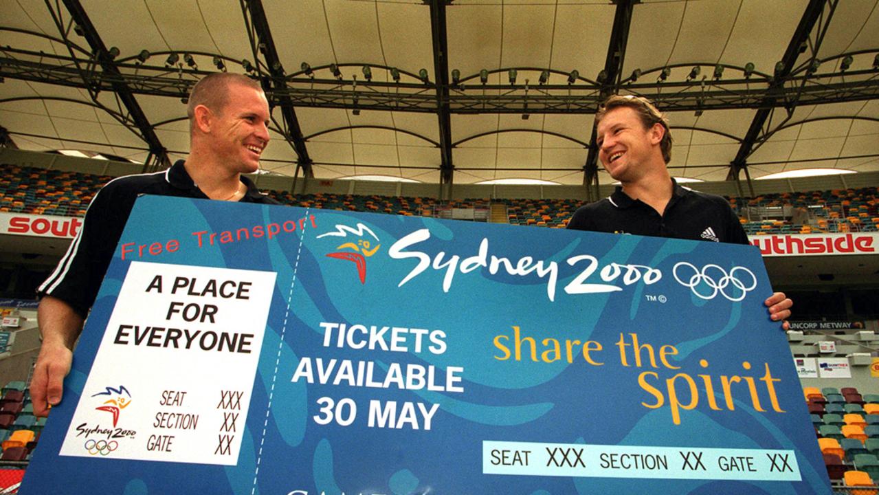 Stephen Laybutt (right) at the launch of the Olympic Ticket countdown in 1999.