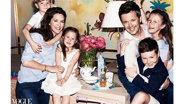 Princess Mary, Prince Frederick and their children Prince Vincent, Princess Josephine, Princess Isabella and Prince Christian. Picture: Vogue Australia August 2016, HRH Crown Princess Mary of Denmark photographed by Mario Testino