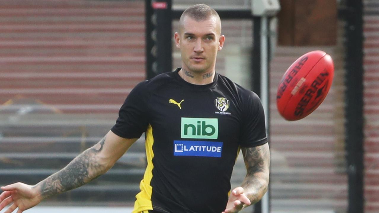 Dustin Martin gets back in the swing of things at Punt Road. Picture: David Crosling