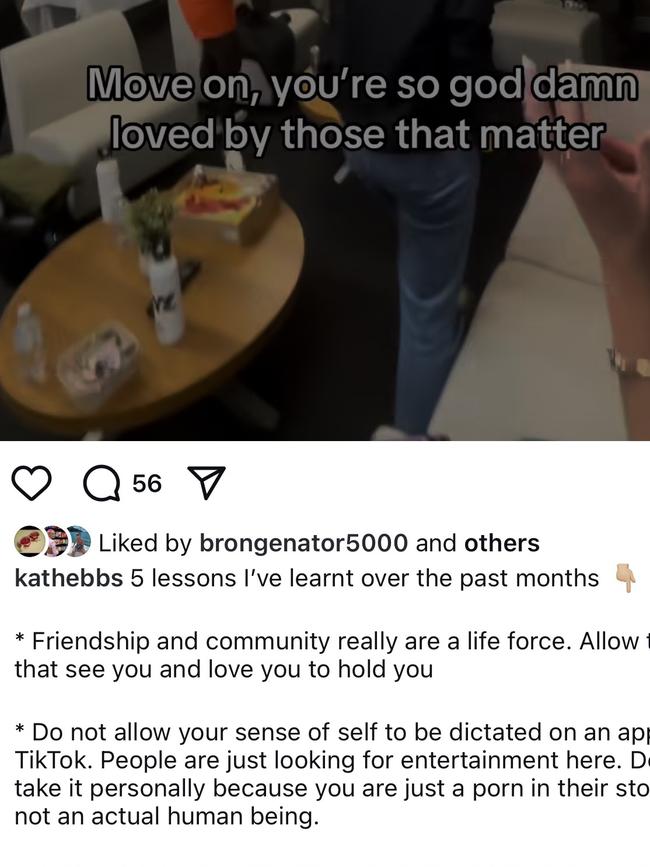 Instagram post by Australian, Kath Ebbs after her break-up with American star, JoJo Siwa. Picture: Instagram,
