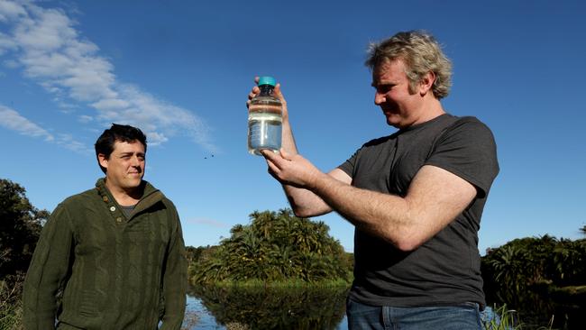 UNSW water researchers Professor Stuart Khan and Doctor James McDonald at Centennial Park, Sydney, where they’ve uncovered a batch of different pollutants. Picture: Brianne Makin