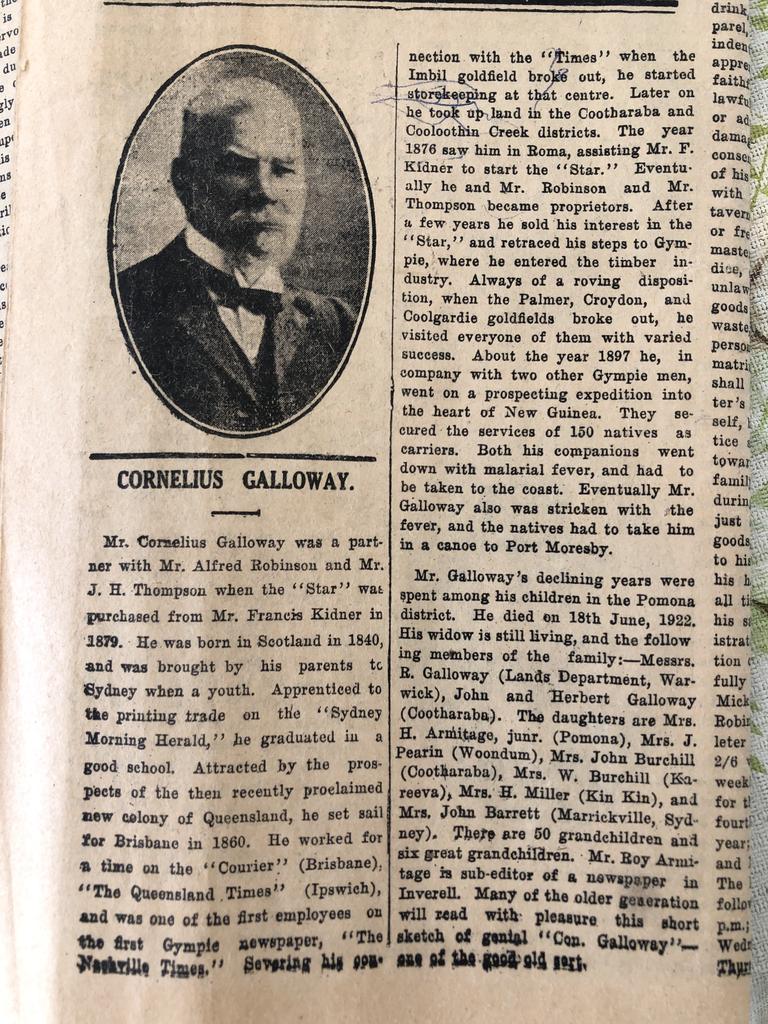 Gloria Limpus' great grandfather Cornelius Galloway was an owner of The Western Star, purchasing the paper in 1879 along with J.H. Thompson (aka Michael Jordan). She knew little of the connection until she moved to Roma in her early twenties as a governess.