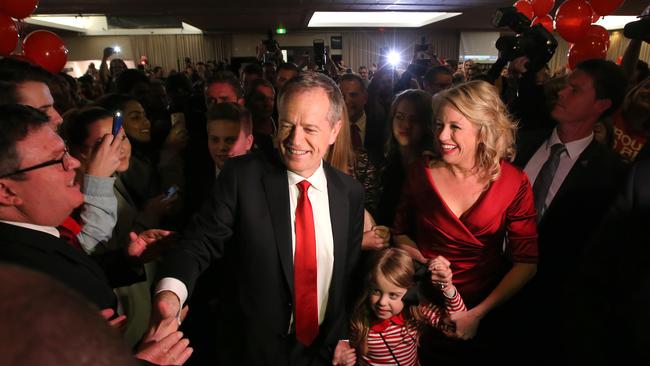 Bill Shorten with wife Chloe and children Clementine, Georgette and Rupert at the post-election party at Moonee Valley Racing Club. Picture: Stuart McEvoy for The Australian.