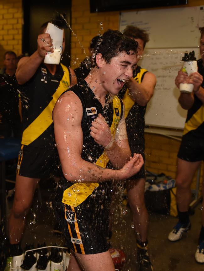 Seaford’s Kav-Aleer James cops a spray after the game. Picture: Chris Eastman