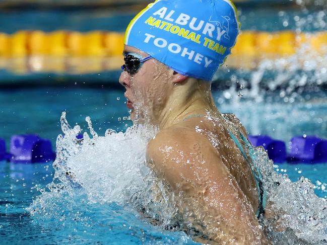 Australia's Sienna Toohey competes in the Womenâs 100m Breaststroke Final during the 2024 Australian Swimming Trials at Brisbane Aquatic Centre in Brisbane on June 11, 2024. (Photo by David GRAY / AFP) / -- IMAGE RESTRICTED TO EDITORIAL USE - STRICTLY NO COMMERCIAL USE --