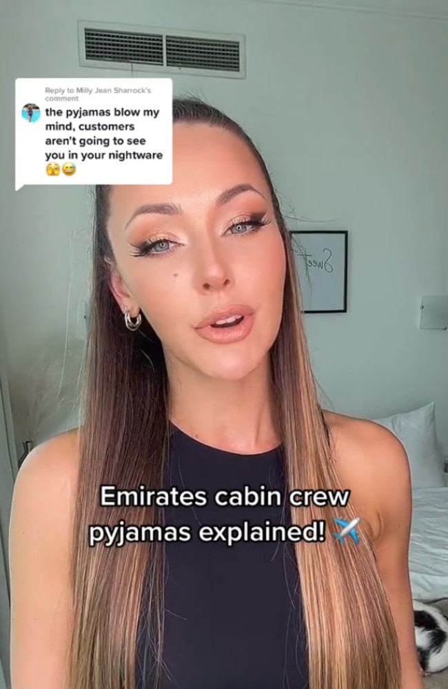 British flight attendant for Emirates, Dani, reveals cabin crew have special pjs they must wear. Picture: TikTok/danidboyy1