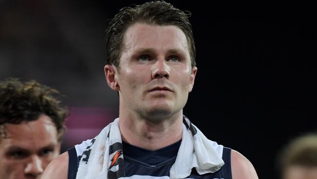 A dejected Patrick Dangerfield leaves the field. Picture: AAP Images