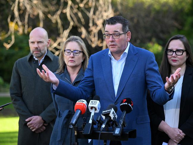 (L-R) Chief Executive Officer of the Victoria 2026 Commonwealth Games Organising Committee, Jeroen Weimar, Victorian Deputy Premier Jacinta Allan, Victorian Premier Daniel Andrews andVictorian Minister for Regional Development Harriet Shing during a press conference at Parliament House in Melbourne, Tuesday, July 18, 2023. The Andrews Labor Government has cancelled the 2026 Commonwealth Games, slated to be held across Victoria. (AAP Image/James Ross) NO ARCHIVING