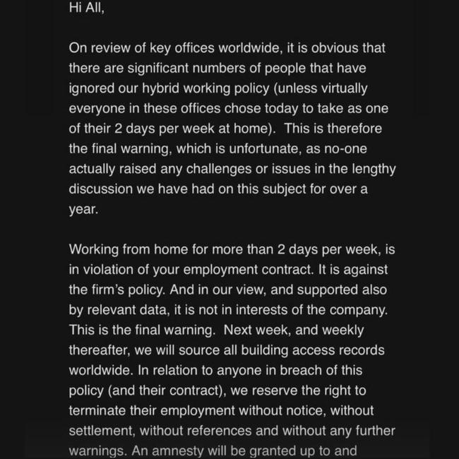 FNZ Group distributed this email to its employees regarding its new work from home rules. Picture: @theaussiecorporate / Instagram