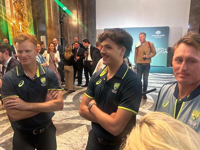 Matt Kuhnemann, Sam Konstas, and Marnus Labuschagne at an event at Australia House in London. Picture: Sophie Elsworth