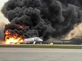 The Sukhoi SSJ100 aircraft of Aeroflot Airlines on fire, at Sheremetyevo airport, outside Moscow, Russia. At least 40 people died when an Aeroflot airliner burst into flames while making an emergency landing at Moscow's Sheremetyevo airport, officials said early Monday.