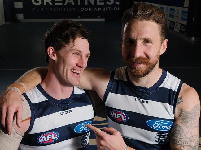 AFL Football , Geelong Cats players and great friends Zach Tuohy & Jed Bews .The story is about two Cats defenders - one grew up a few short kicks from Kardinia Park, the other so far away from football in Ireland. pictured at Kardinia Park Geelong left: Jed Bews and Zach Tuohy Picture: Mark Wilson