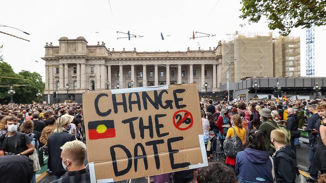 Huge crowds gather in Bourke Street Melbourne for an Invasion Day rally today. Picture: NCA NewsWire / Ian Currie