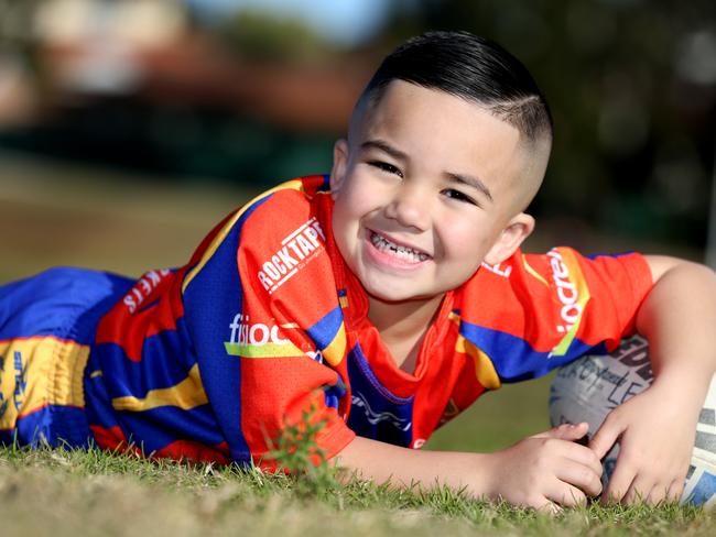 Cabra-Vale Diggers Cobra rugby league player Leeroy Lesa, Edensor Park. Thursday July, 13 2017. Leeroy Lesa plays rugby league for the Cabra-Vale Diggers Cobras. He's six years old and is the Young Sporting Spirit nominee. He is the leading try scorer for his team in his first year of the game. (AAP Images/Angelo Velardo)