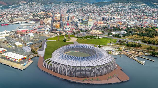 Concept drawings of a new design for a Macquarie Point Stadium by the Stadia Precinct Consortia led by Dean Coleman and Paul Lennon. Picture: SolutionsWon