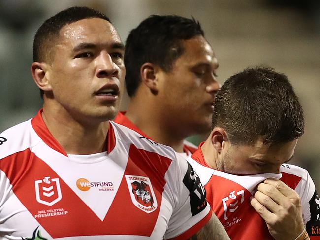 WOLLONGONG, AUSTRALIA - JULY 14: Dragons players look dejected after conceding a try during the round 17 NRL match between the St George Illawarra Dragons and the Canberra Raiders at WIN Stadium on July 14, 2019 in Wollongong, Australia. (Photo by Mark Metcalfe/Getty Images)