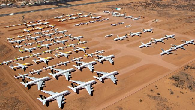 Scores of Cathay Pacific aircraft are among those in storage at Alice Springs. Picture: Ted Zheng