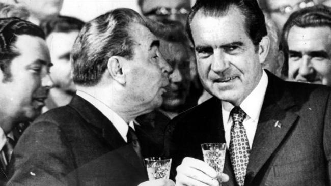 Leonid Brezhnev, left, shares a drink with US president Richard Nixon in 1972.