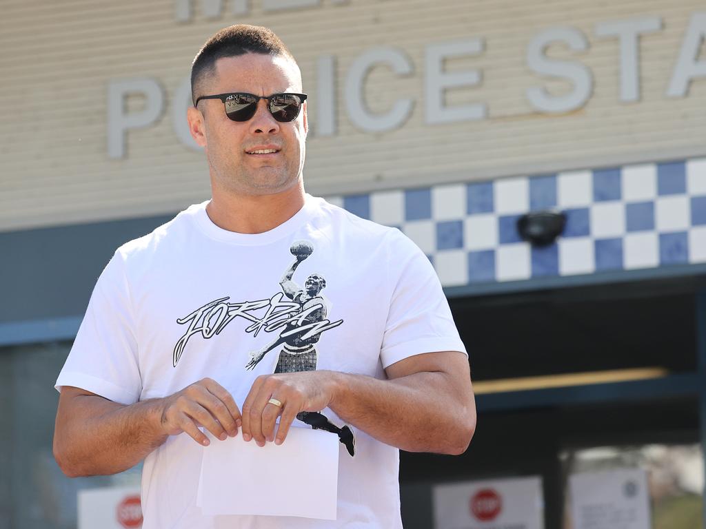 Jarryd Hayne spent part of his first full day of freedom checking in with officers at Merrylands Police Station in western Sydney. Picture: NCA NewsWire / Dylan Coker