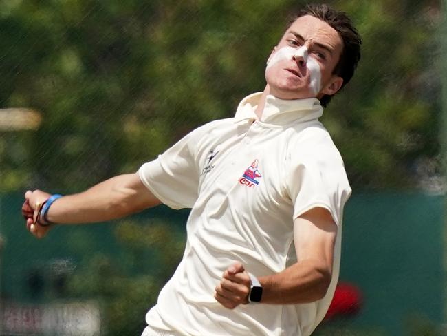 Jordan Buckingham of Footscray bowling during the Premier Cricket: Essendon v Footscray match played at Windy Hill on Saturday 7th Dec, 2019.