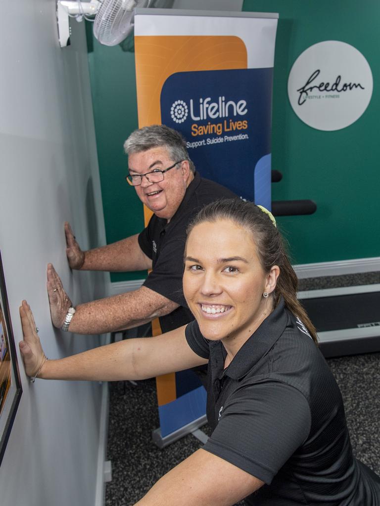 Nicole Steffens and Derek Tuffield CEO, Lifeline Darling Downs &amp; South West Qld. Lifeline Darling Downs launch The Push-Up Challenge at Freedom Lifestyle and Fitness. Thursday, May 27, 2021. Picture: Nev Madsen.