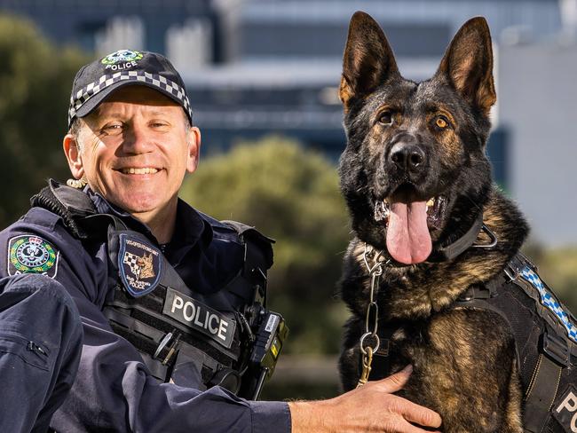 Dog handler, Sargeant Simon Rosenhahn with Police dog Bomber, on September 30th, 2022, at the Thebarton Police Barracks.Picture: Tom Huntley