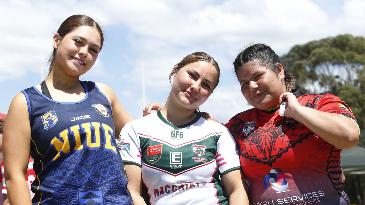 L to R: liliana Kokaua -15 playing for Niue, Marwa Fayad -15 playing for Lebanon and Leilani Makalio-Harris -16 playing for Tonga. Harmony Nines Rugby League. Picture: John Appleyard