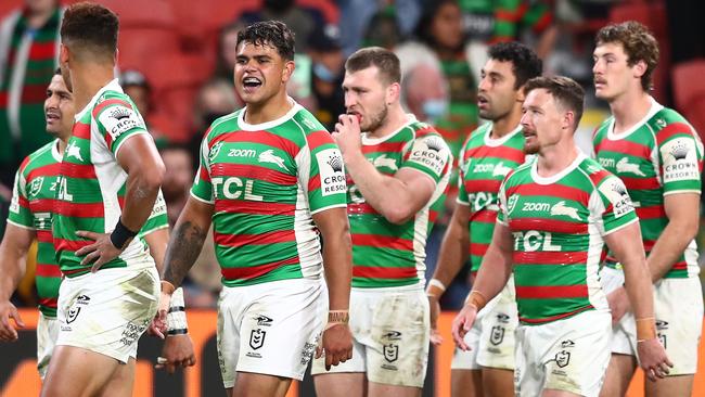 Latrell Mitchell’s Rabbitohs teammates have rallied round the under-fire star. Picture: Chris Hyde/Getty Images