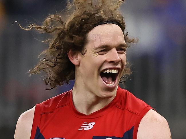 PERTH, AUSTRALIA - AUGUST 09: Ben Brown of the Demons celebrates a goal during the round 21 AFL match between West Coast Eagles and Melbourne Demons at Optus Stadium on August 09, 2021 in Perth, Australia. (Photo by Paul Kane/Getty Images)