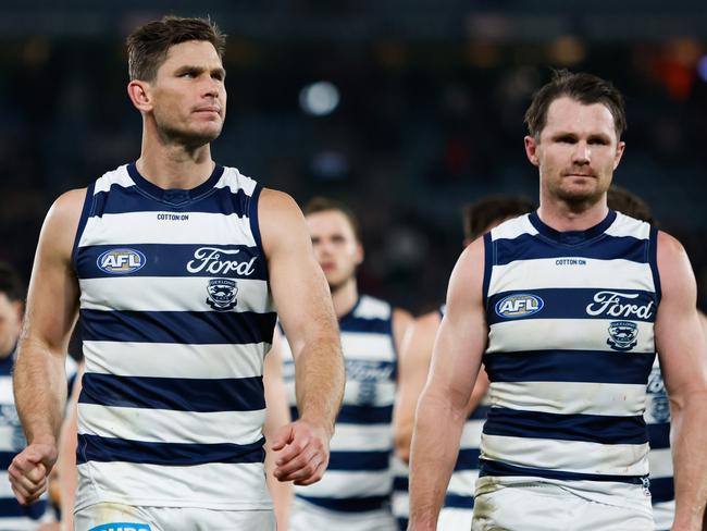 MELBOURNE, AUSTRALIA - AUGUST 19: Tom Hawkins of the Cats looks dejected after a loss during the 2023 AFL Round 23 match between the St Kilda Saints and the Geelong Cats at Marvel Stadium on August 19, 2023 in Melbourne, Australia. (Photo by Dylan Burns/AFL Photos via Getty Images)