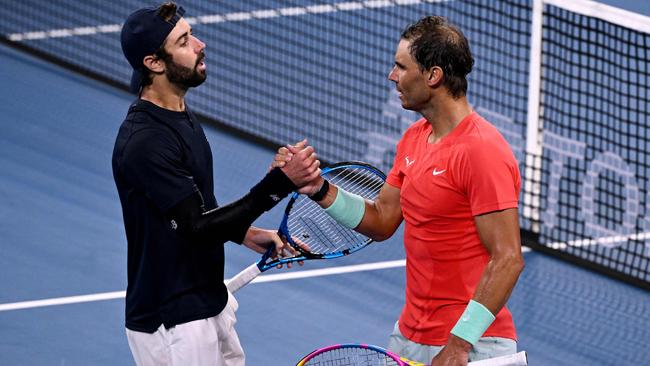 Jordan Thompson and Rafael Nadal shake hands after their marathon match. Picture: AFP