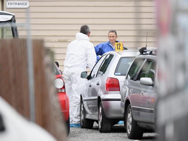 Crime scene investigators are seen at Linwood mosque. Picture: Getty