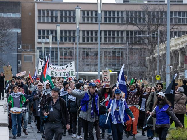 Crowds march and chant as the academic hearings get set to begin. Picture: Jason Edwards