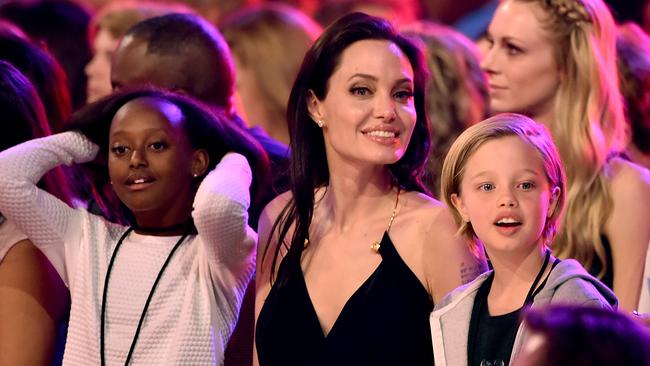 Zahara Marley Jolie-Pitt, actress Angelina Jolie and Shiloh Nouvel Jolie-Pitt in the audience during Nickelodeon's 28th Annual Kids' Choice Awards.