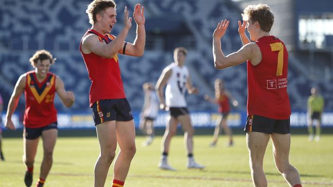 Jackson Mead, left, celebrates a goal for SA during the AFL under-18 championships with teammate Dylan Stephens. Picture: DYLAN BURNS/AFL Photos